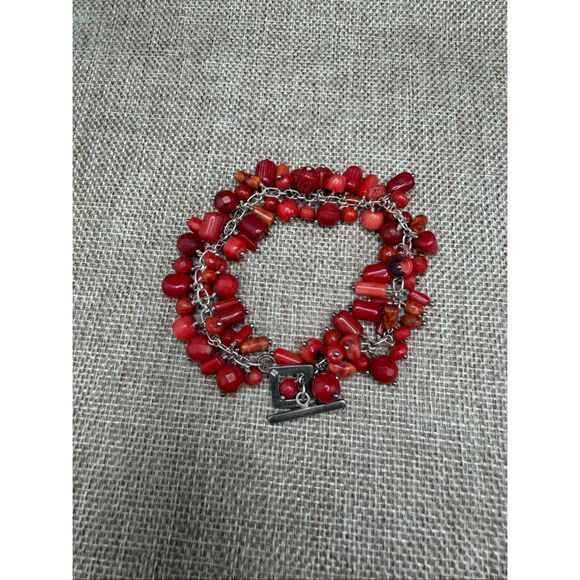 Red Coral Bead Cluster Bracelet Silver Tone Toggle Clasp - Picture 4 of 7